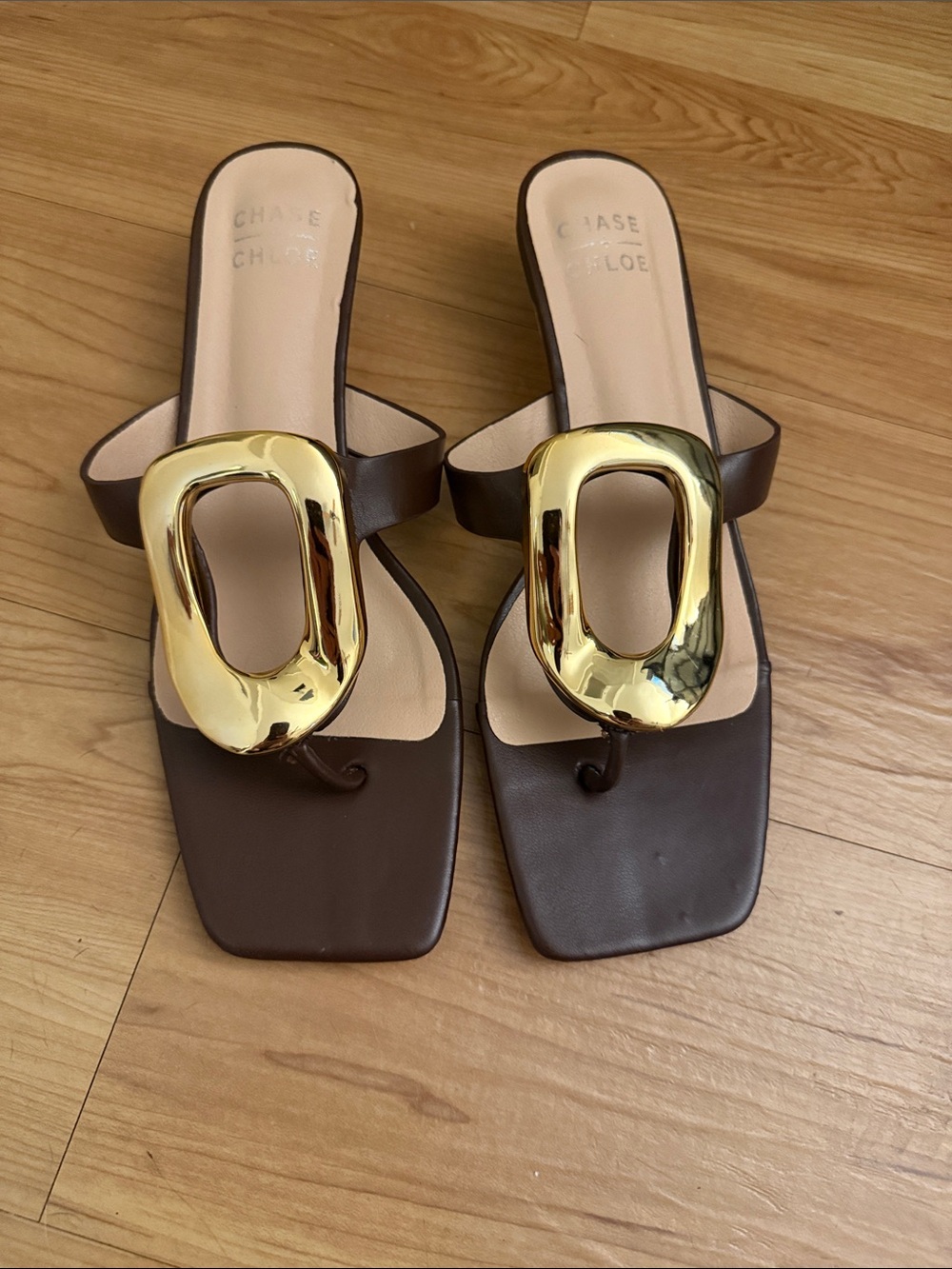 Chase + Chloe Brown Leather Toe-Loop Sandals with Gold Hardware